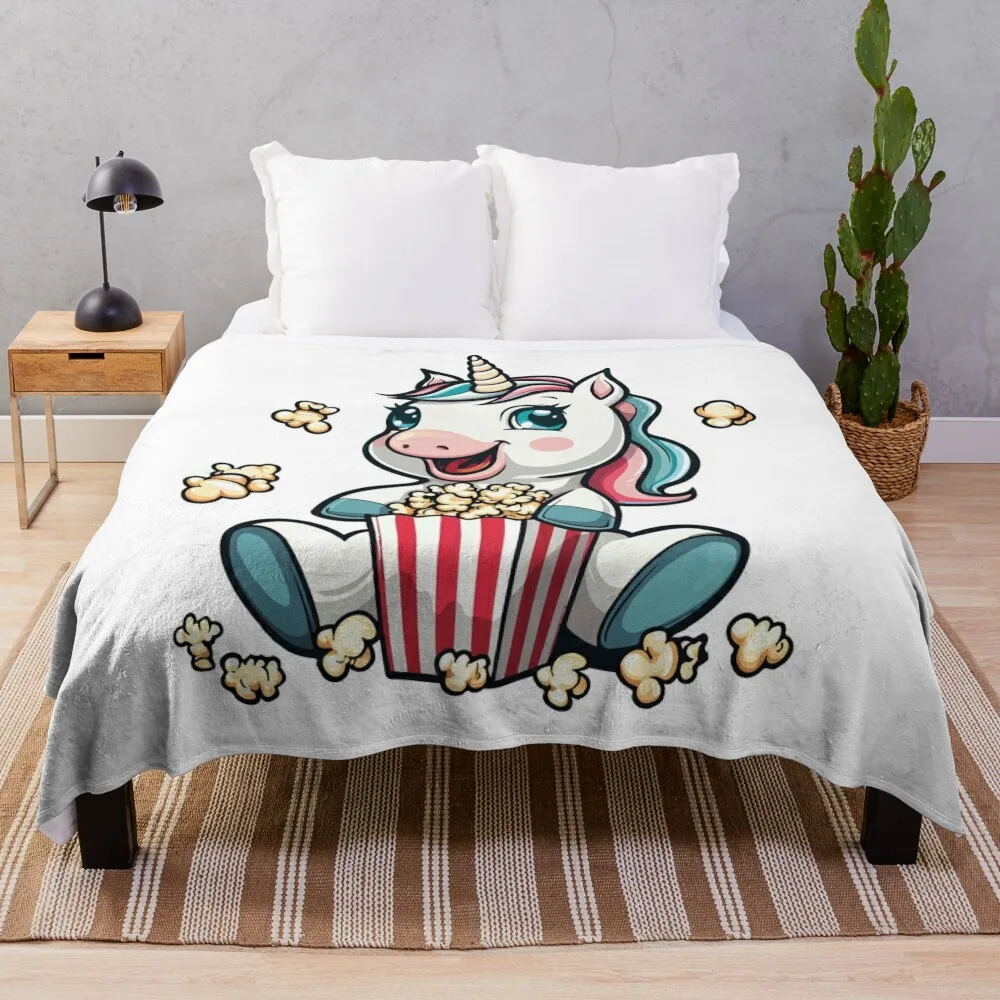 Excited unicorn with a popcorn bucket Throw Blanket Bed linens Sofas Loose Blankets