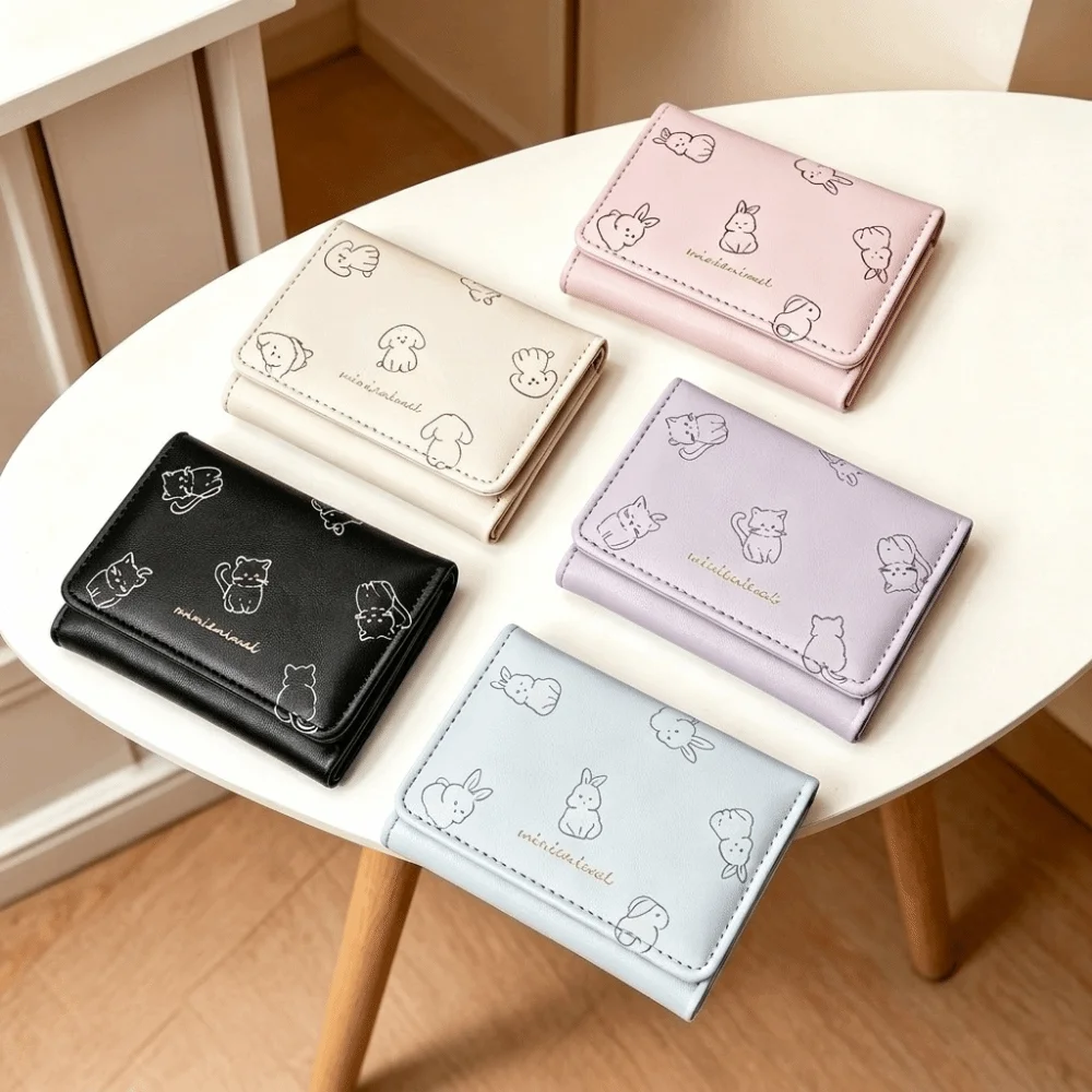 Korean-Style Cartoon Trifold Wallet Minimalist Cute Pattern Card Holder Cat Dog Rabbit Pu Leather Coin Purse Daily Outings