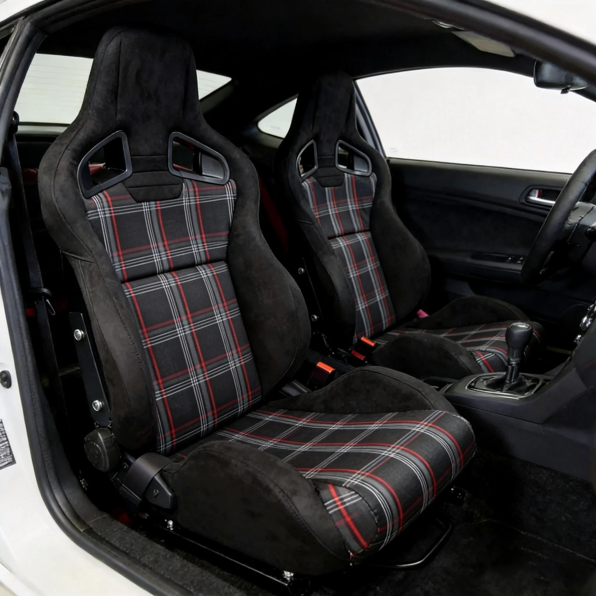 Tartan Fabric Sport Seat Semi-Bucket Racing Style Universal Car Seat with Harness Holes
