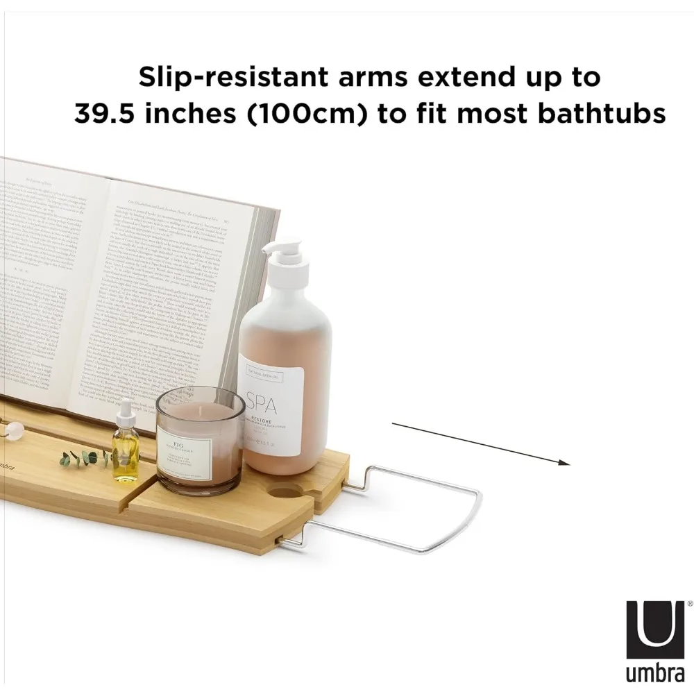 صينية حوض استحمام من الخيزران قابلة للتمديد مع أذرع من الكروم، تصميم مقاوم للماء والانزلاق للاستحمام على السبا