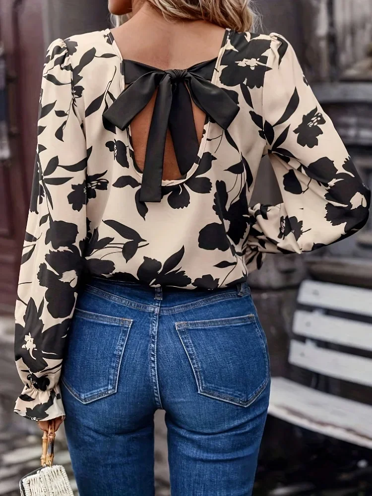 

2026 Spring/Autumn Sweet Back Bow Shirt Fashionable Backless Printed Shirt, Casual Loose Long Sleeved Round Neck Women's Top