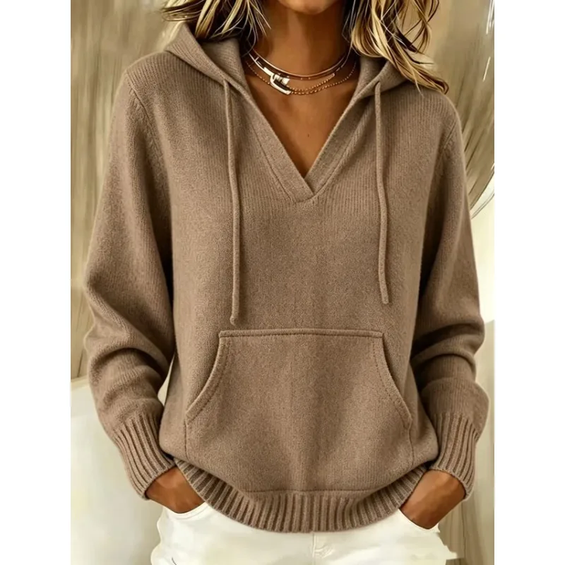 Women Solid Color Knit Hoodie V Neck Drawstring Kangaroo Pocket Long Sleeve Sweater Autumn Winter Casual Fashion Tops