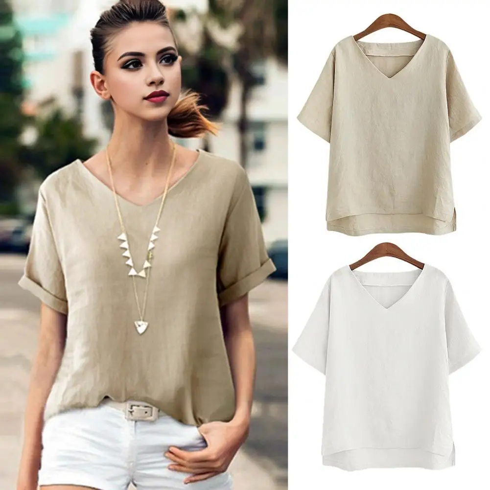 Summer Casual T-shirt Top V-Neck Short Sleeve Tee Shirt Solid Color Loose Fit Side Slit Hem T-shirt Streetwear Fit Blouse 블라우스