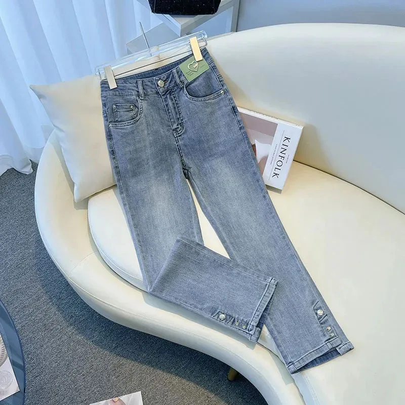 Jeans stretch taille haute pour femmes, pantalon droit, pantalon de cow-boy, bleu, mode coréenne, nouveau, printemps, automne