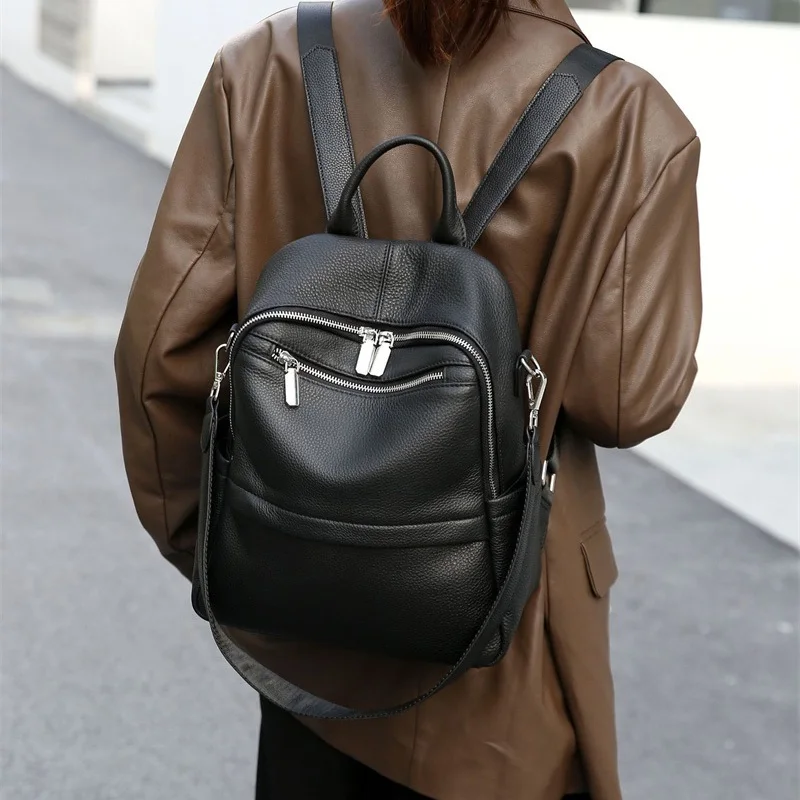 Causal Genuine Leather Backpack Women Double Shoulder First Layer Cow Leather Travel Bags Real Cowhide Ladies Leather Backpack