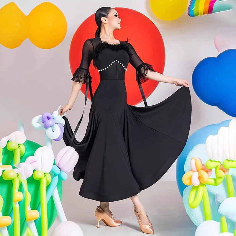 

2025 New Black Women's Ballroom Dance Dresses Pearl Feather Waltz Competition Dress Standard Modern Dance Practice Clothes