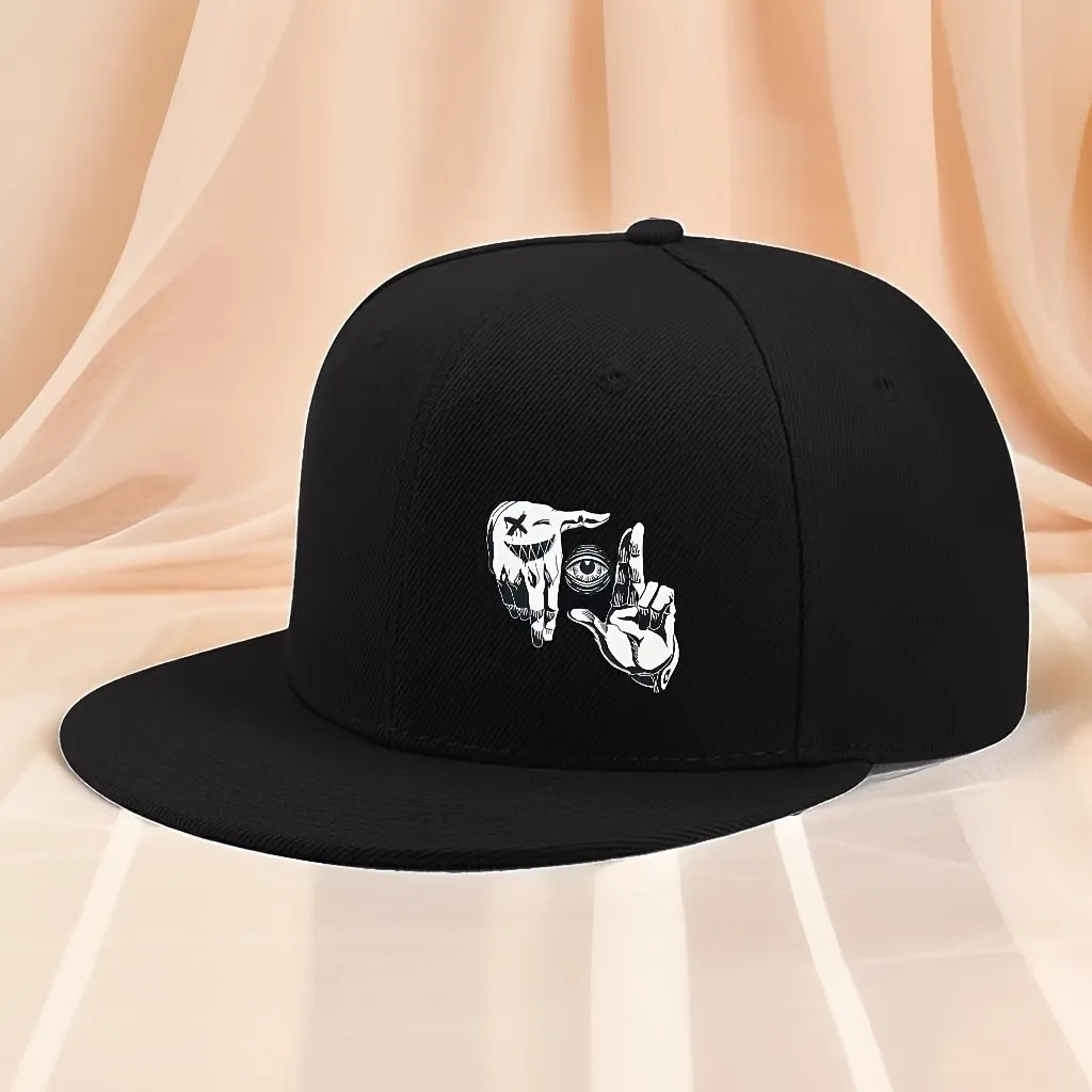 1 Unisex Hip Hop Buckle Hat with Eye Design, Suitable for Outdoor Sports, Black with White Artwork