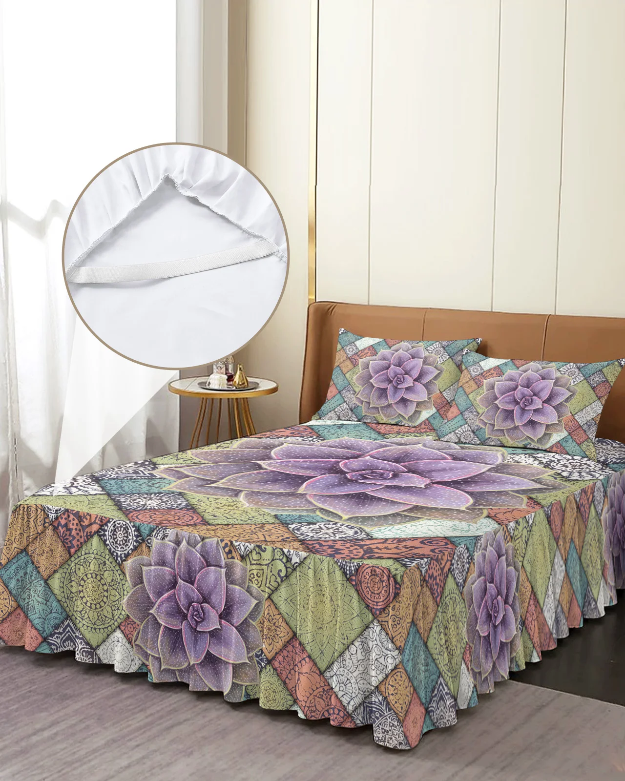 

Tropical Succulents Mandala Skirt Elastic Fitted Bedspread With Pillowcases Mattress Cover Bedding Set Bed Sheet