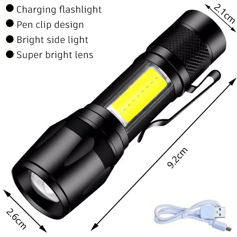 Pocket LED Flashlight COB+XPE Portable Torch USB Charging Camping Lantern Mini Zoomable Light Tactical Flashlight with Pen Clip