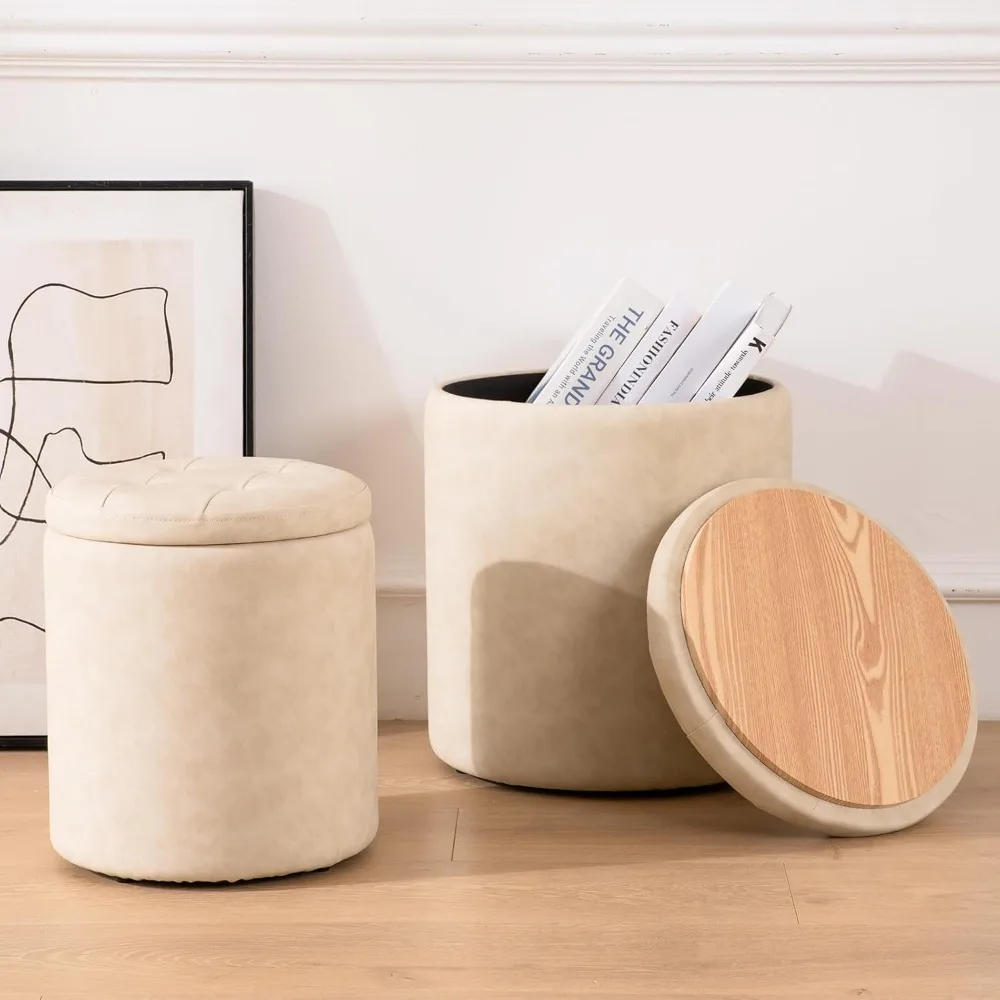 

Faux Leather Round Ottoman with Storage Set of 2, Button Tufted Ottoman Foot Stools Vanity Stool, Small Boucle Coffee Table Foot