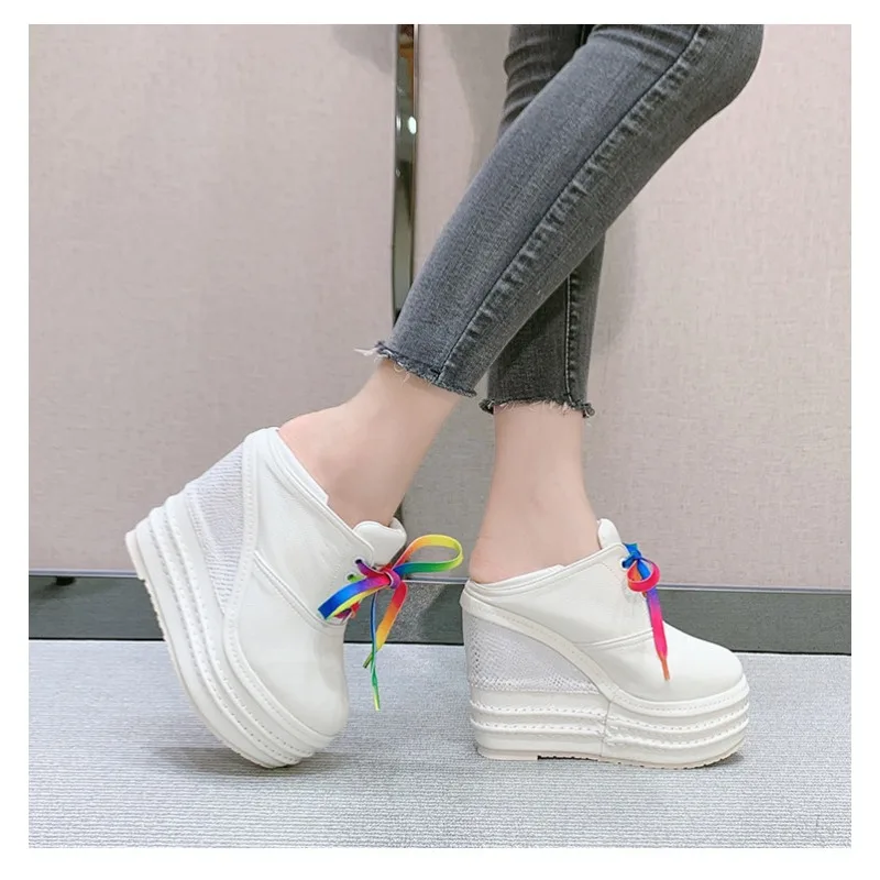 

Женские белые кроссовки на платформе с ультравысоким каблуком 12 см, на толстой подошве, на шнуровке и без шнурков, повседневная обувь маленьких размеров