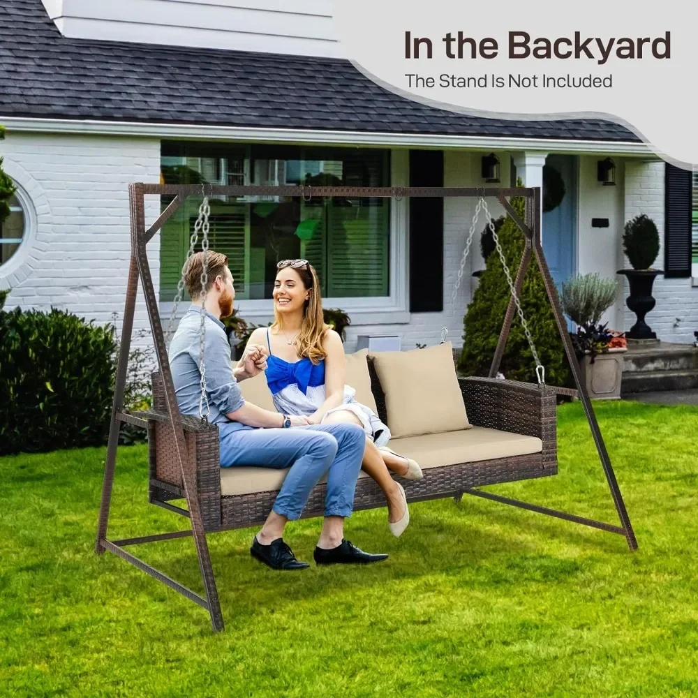 -Outdoor Swing, 5FT Hanging Porch Swings For Adults, Wicker 3 Person Patio Swings With Cushion, Pillow And Chain, Patio Swing