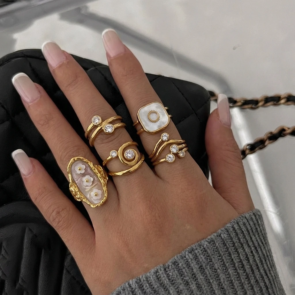 Edelstahl-Ring mit weißer Muschelblume für Damen, vergoldet, mit Sonnenkristall-Zirkon, stapelbar, wasserdichter Schmuck