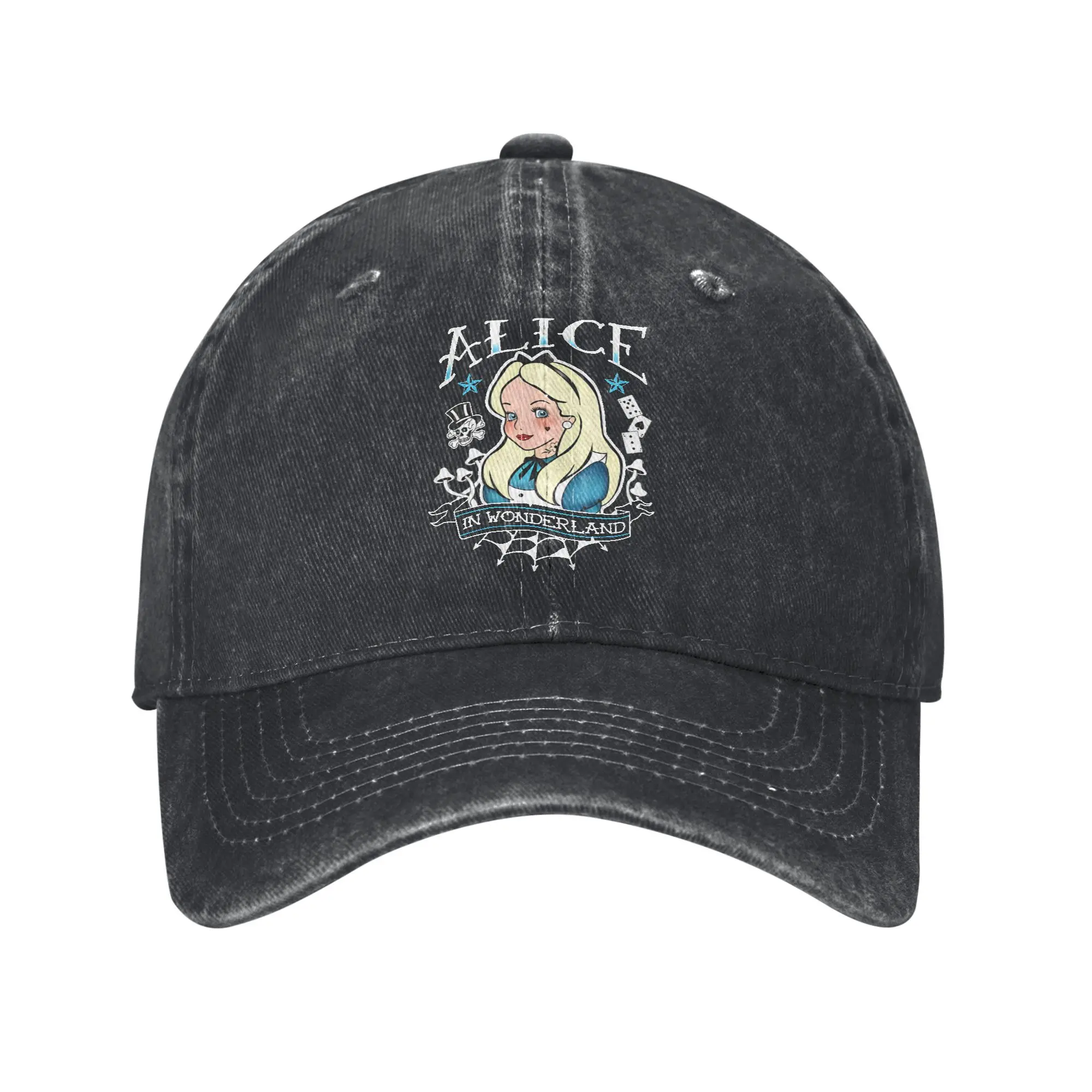 

Alice in Wonderland Tattoo Land Baseball Cap Retro Distressed Denim Washed Headwear Unisex Outdoor Workouts Unstructured Hats