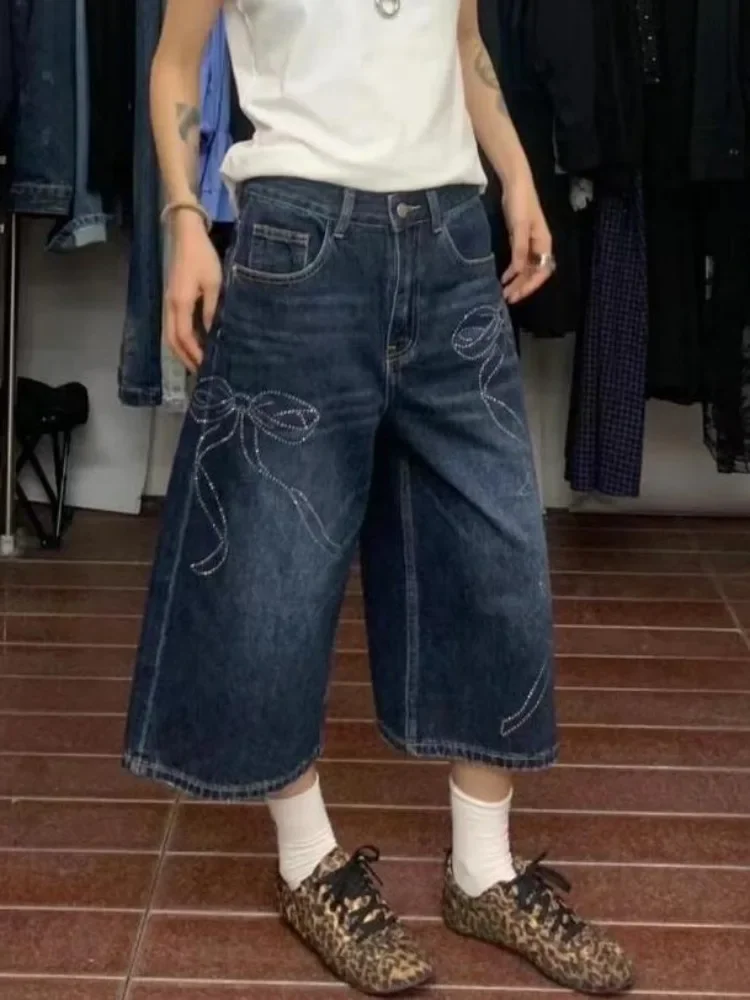 Women's The Bow Pattern Sparkles Calf Length Cargo Jeans Denim Trousers Y2k 2000s Oversize Jean Pants Vintage Clothes