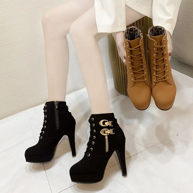 

Women Chunky Heeled Ankle Boots Woman Metal Decoration High Heels Booties Autumn Lace Up Platform Short Boots