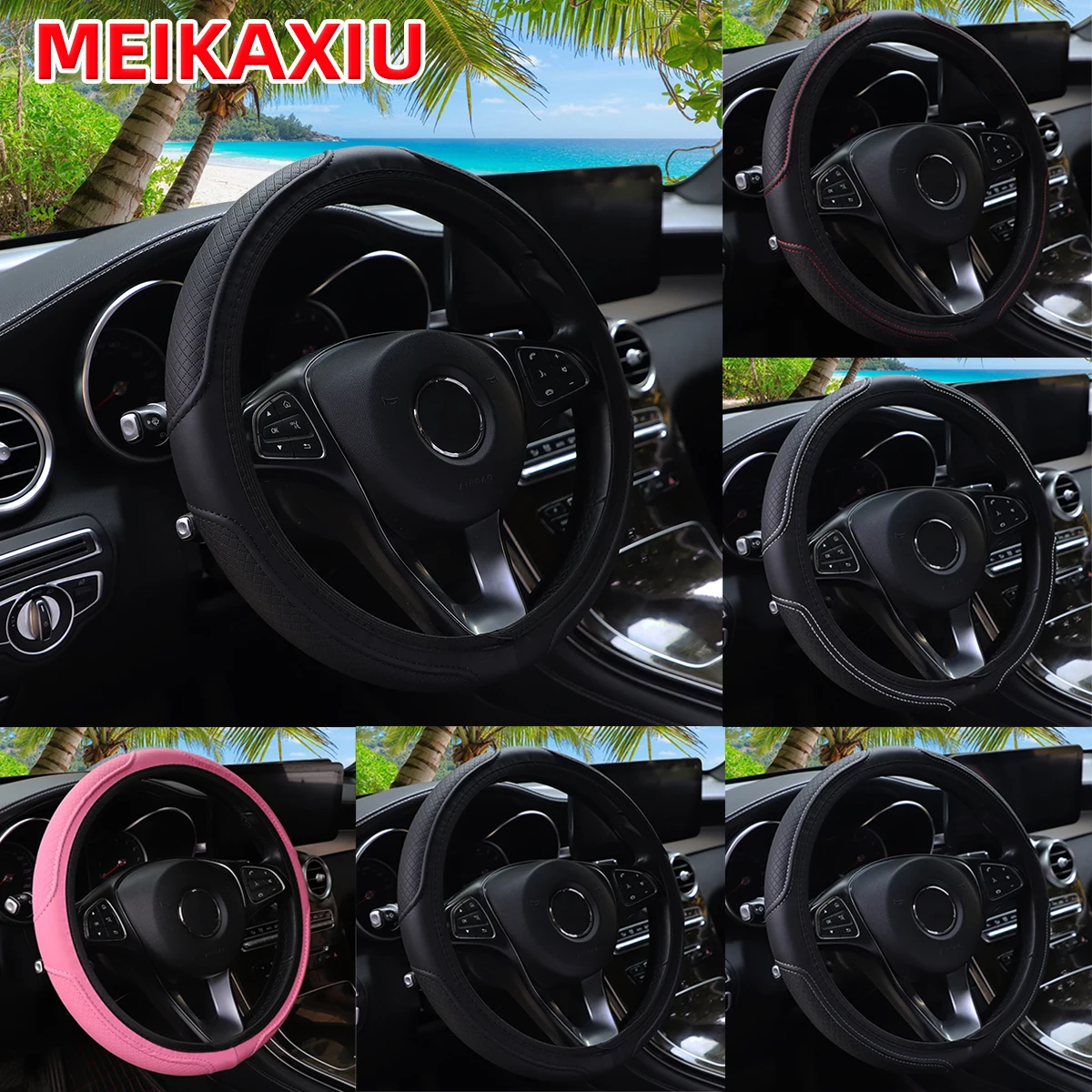 PU Leather Embossed Steering Wheel Cover 14.5-15 Inch round Rimless Design for All Seasons Men Women Cars image 2