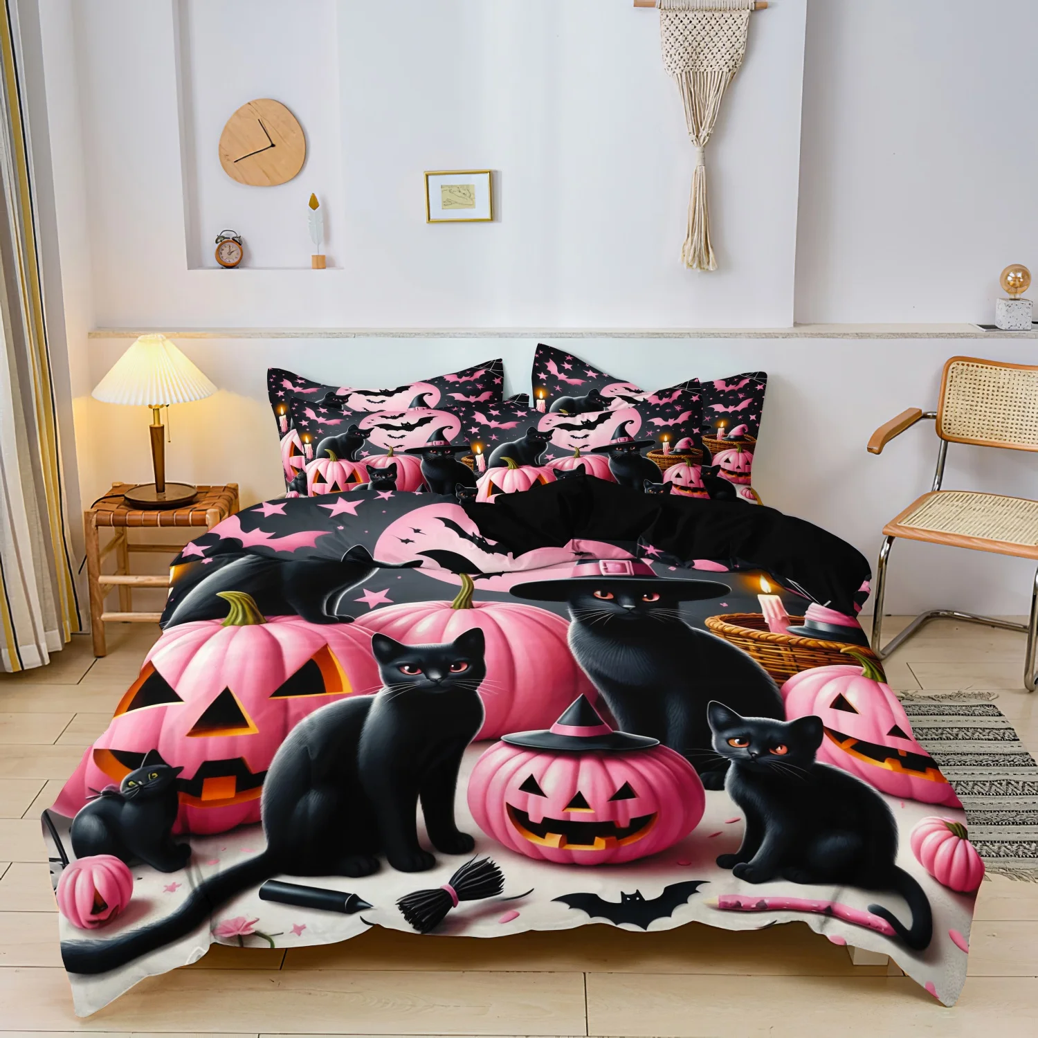  3 Pieces Pink Halloween Black Cat Print Duvet Cover Set, Pastel Pink Pumpkin Bat Cat Halloween Printed Bedding