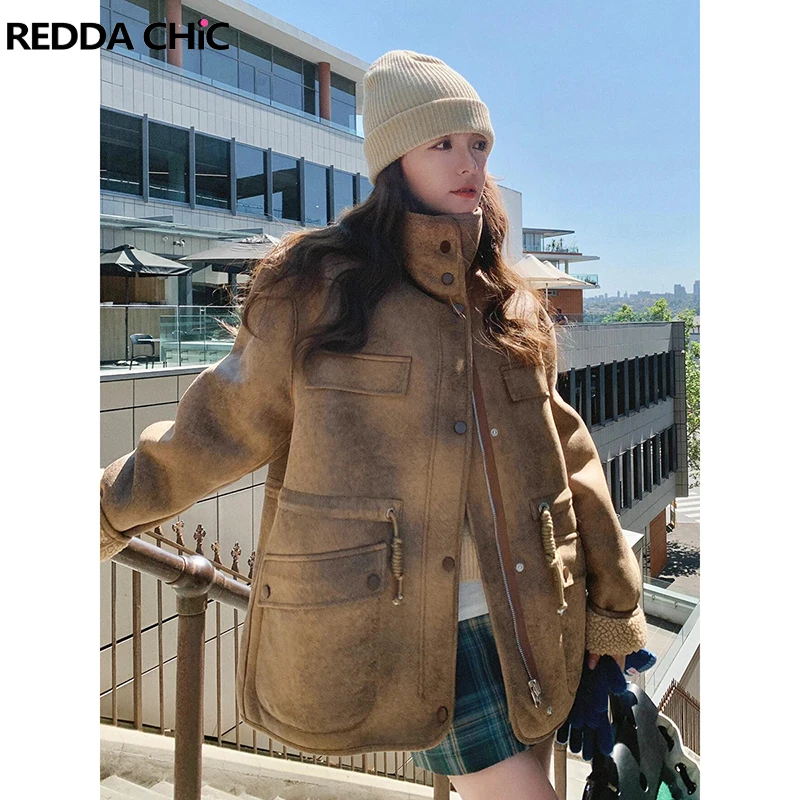 ReddaChic-Chaqueta Reversible térmica con forro de Sherpa para motociclista, chaqueta Bomber de cuero de ante, abrigo de invierno, prendas de vestir Punk Vintage para mujer