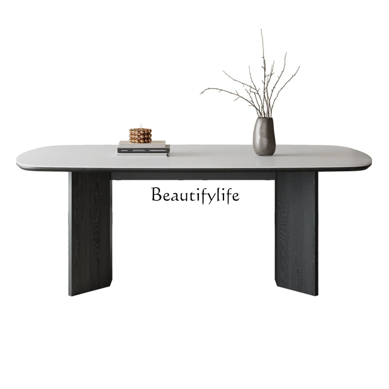 01French rectangular rock slab solid wood dining table and chair combination home modern simplicity