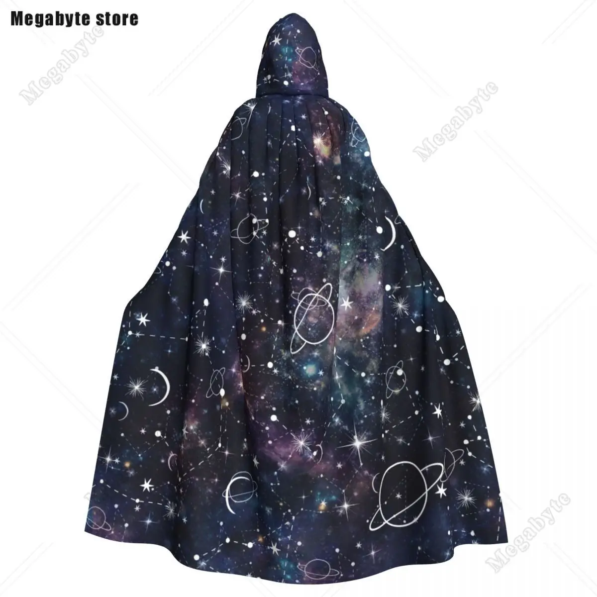 Volwassen mantel Cape met capuchon Planeet Ster Constellatie Galaxy Print Middeleeuws kostuum Heks Wicca Vampier Elf Purim Carnavalsfeest