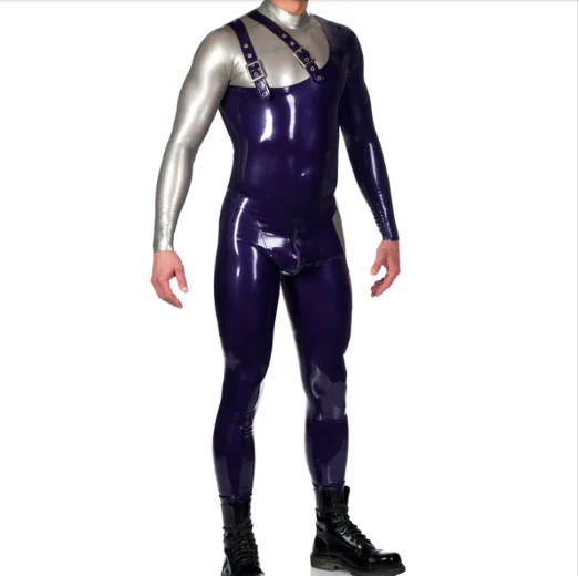 Latex Rubber  Blue black color matching Jumpsuit men's role-playing party racing uniform  hand customized 0.4mm XS-XXL Confort