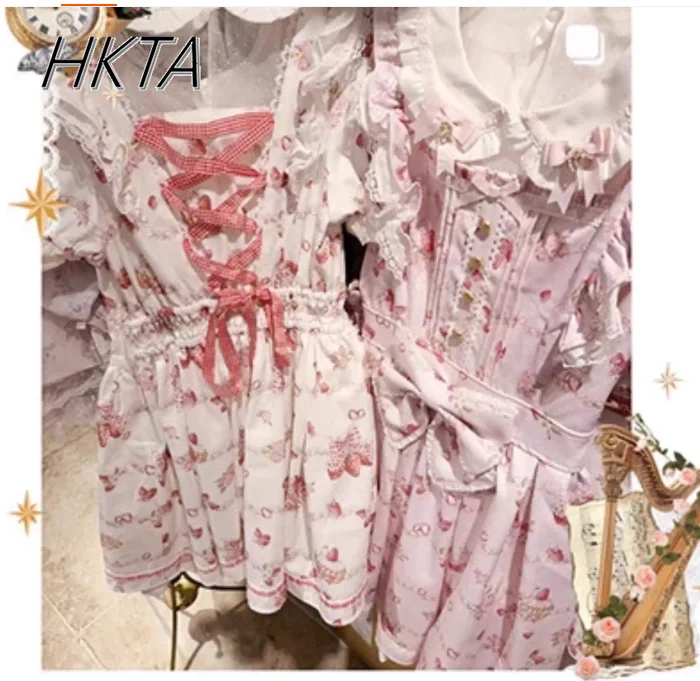 

Japanese Style Liz Dress Women 2025 Summer Cute Sweet Strawberry Print Mines Dresses Doll Collar Short Sleeve Dress Lolita Girls