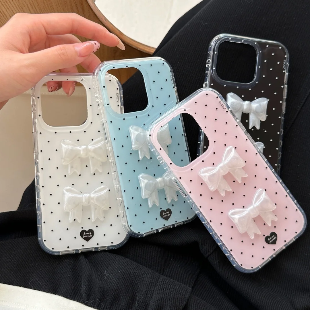 

For iPhone 16 15 14 13 12 Pro Max Case Korean Cute 3D Bowknot Wave point love heart Pendant Drop-proof Silicone Protective Cover