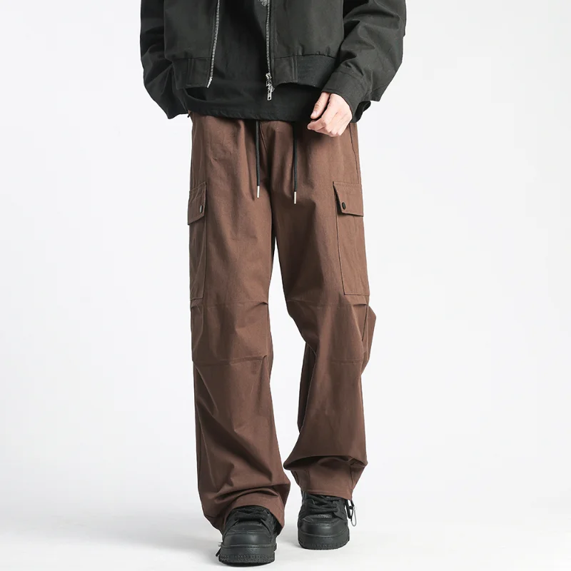 

Spring and Autumn Men's Solid Colors High Waist Elastic Loose Classic Cargo Wide Leg Pants Fashion Casual Vintage Trousers
