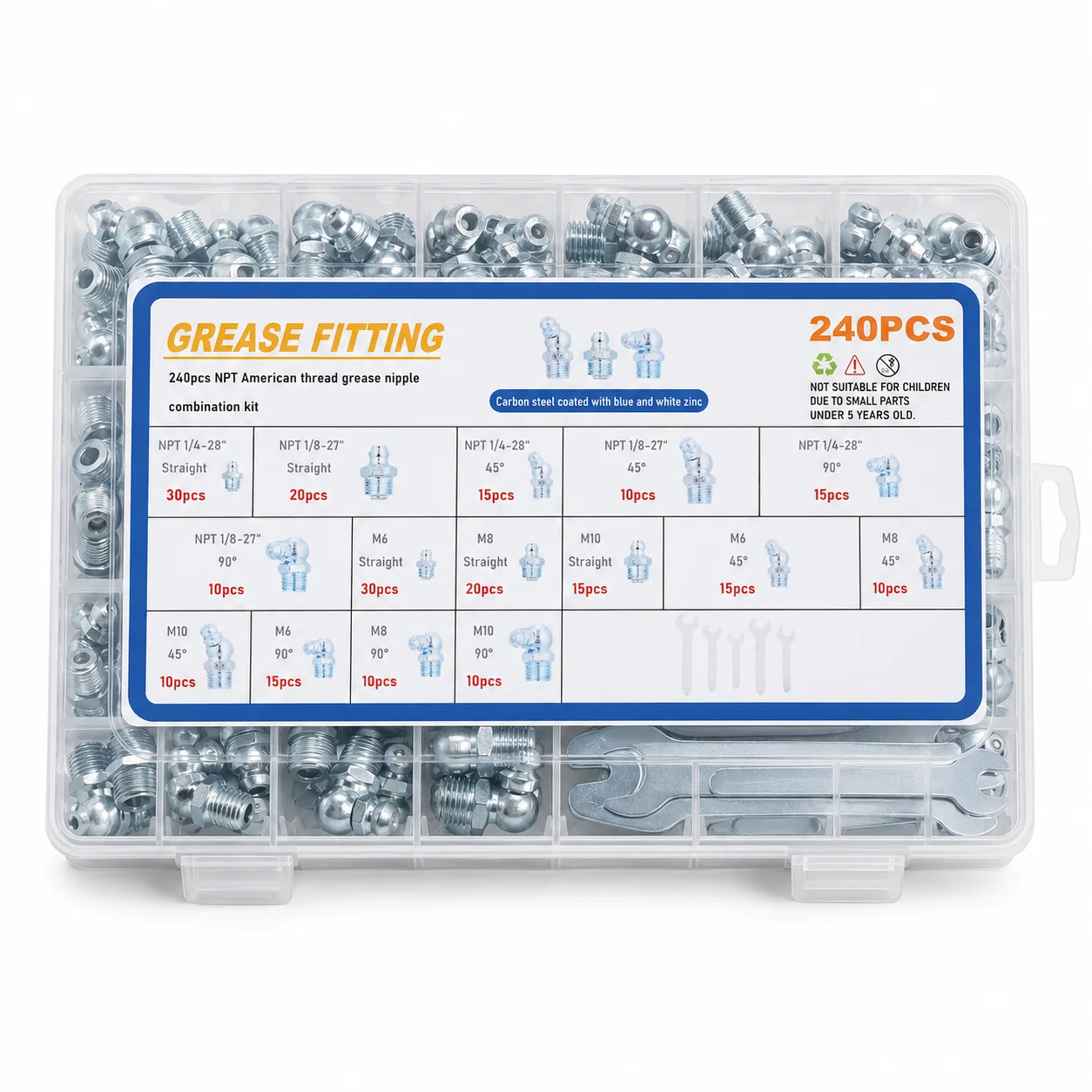 240Pcs Grease Fitting Assortment Kit Metric NPT Carbon Steel Zinc Plated Grease Nipples with Wrenches Box