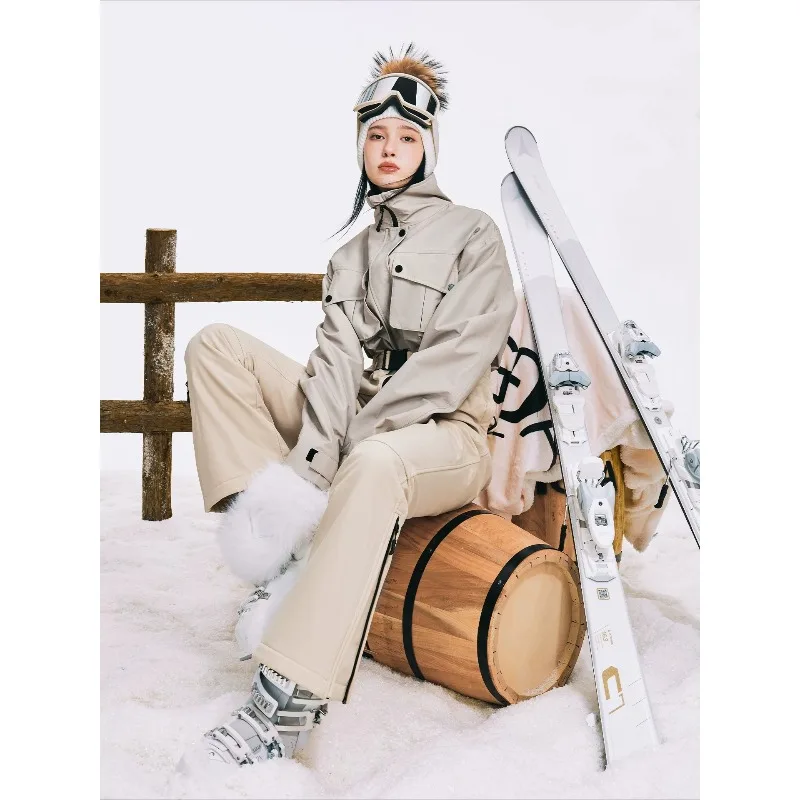 Women's Khaki Cargo One-Piece Ski Suit 3L Taped Seams Waterproof Thermal, Slim Fit Snowboard Jumpsuit