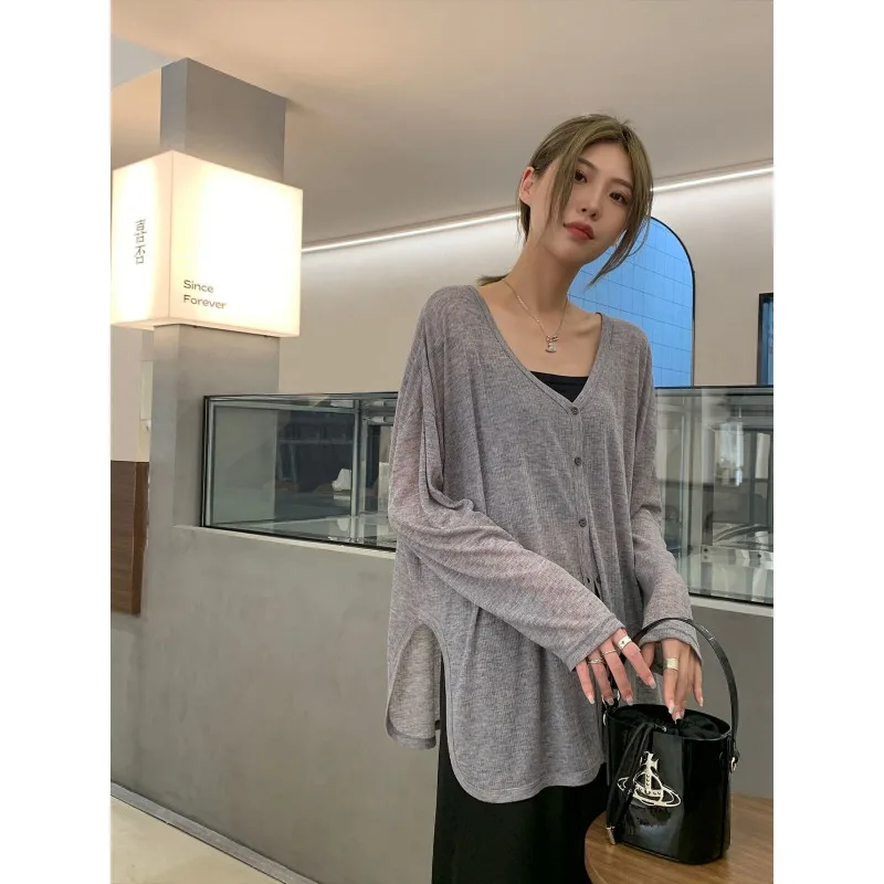 Long Sleeve Shirt Cardigan Women Thin Jacket Tops Sun Protection Clothing V-neck Sweater Buttons Korean Fashion Tops Black Gray