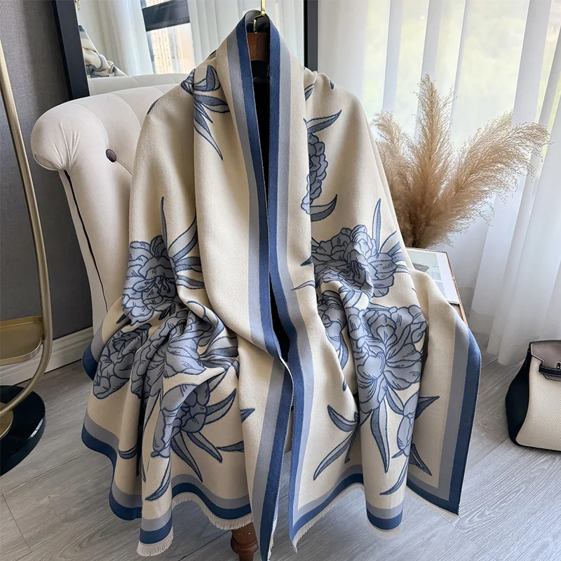 New Luxury Hydrangea Winter Two-Sided Cashmere Jacquard Scarves High Quality Women Thicken Wrap Shawl Ladies Wool Pashmina Scarf