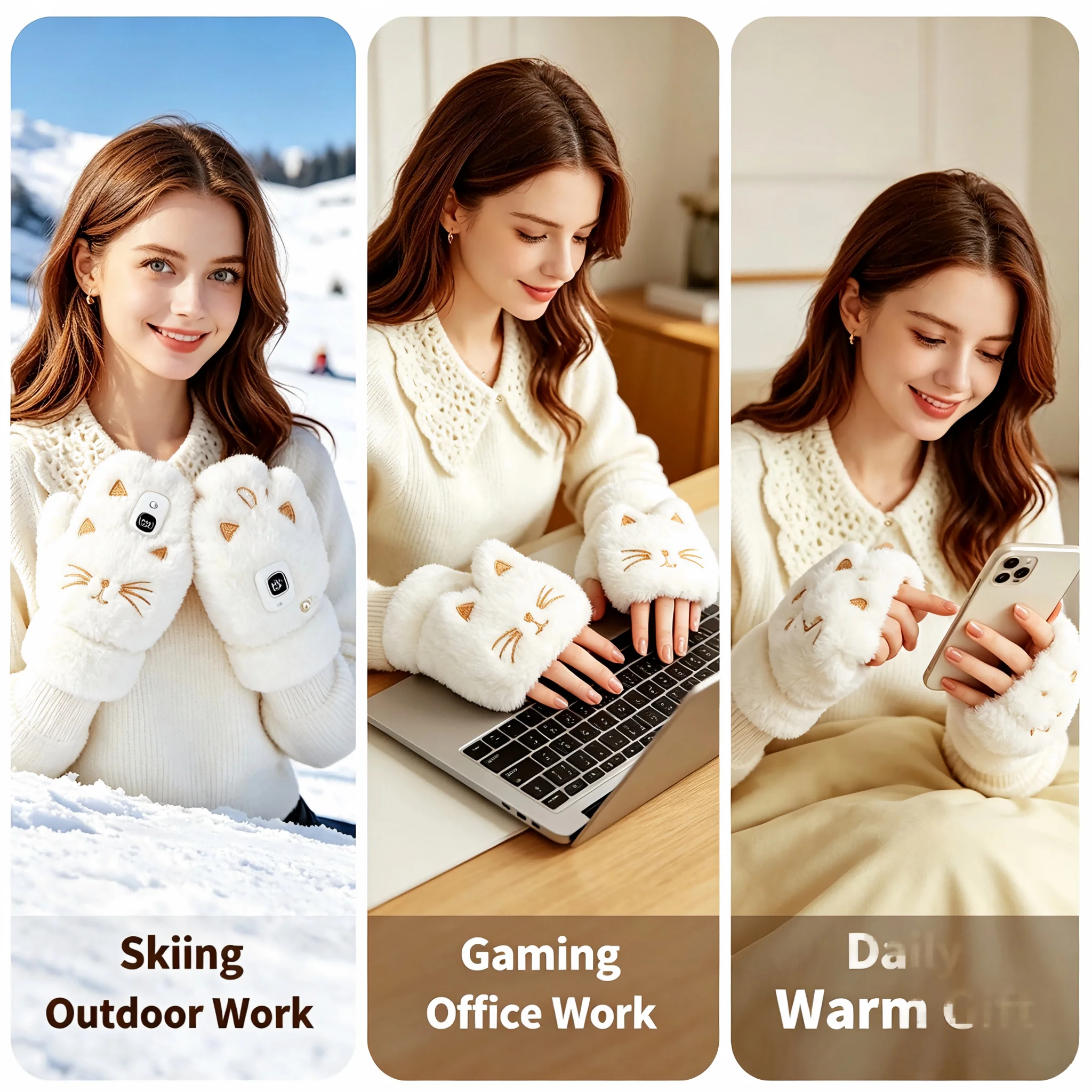 Winter USB Electric Heated Gloves for Women Cat Claw Half Finger Warm Gloves,2000mAh Rechargeable Battery,3 Heat Levels,Real‑time Temperature&Battery Display,Soft Skin‑Friendly Fleece,Gaming Outdoor Ski Warm Hand Warmer,Gift for Family Friends