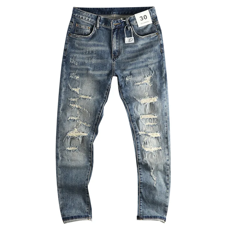 2024 New Retro Washed Hole & Patch Jeans Men's High Street Fashionable Slim Fit Skinny Handsome Cool Trousers