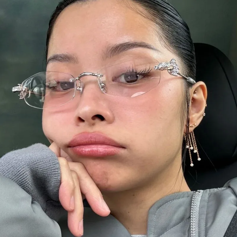 

Ретро без оправы, полигональные бриллиантовые очки для женщин и мужчин Y2K, модные солнцезащитные очки овальной формы с защитой от синего света, декоративные очки, подарки