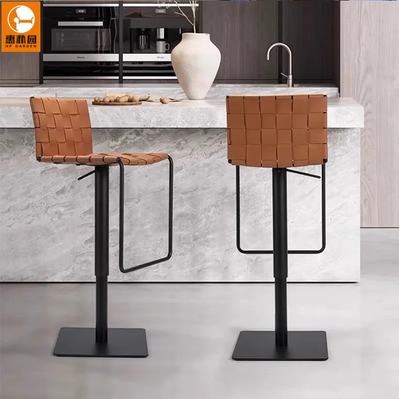 Italian-style saddle leather woven bar stools, designer luxury high-top chairs for island counters, cafe leisure stools, and