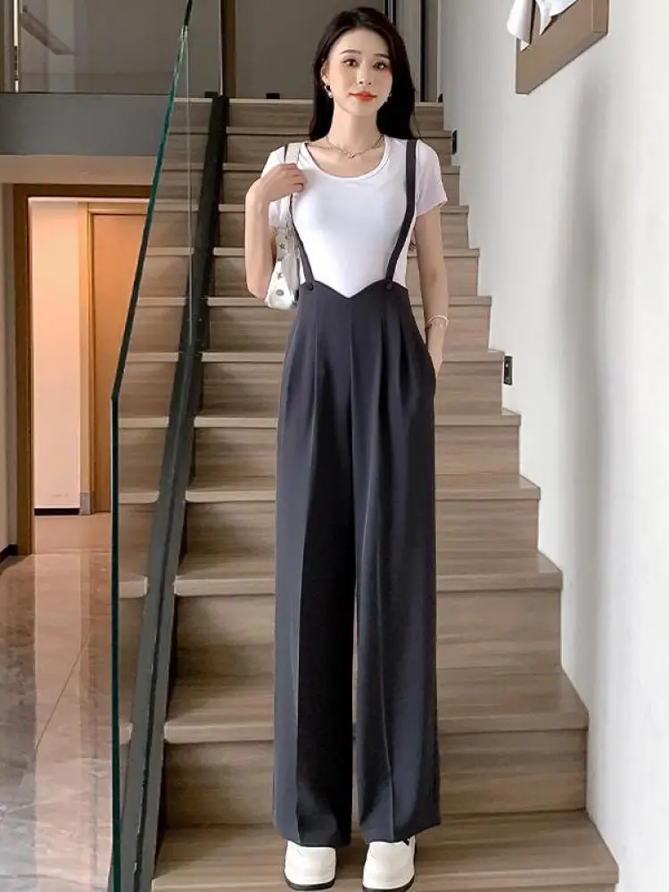 女性用ワイドレッグプリーツジャンプスーツ、ルーズストラップパンツ、ハイウエスト、ワイドレッグ、シンプル、カジュアル、ブラック、グレー、春、夏、用途、韓国ファッション