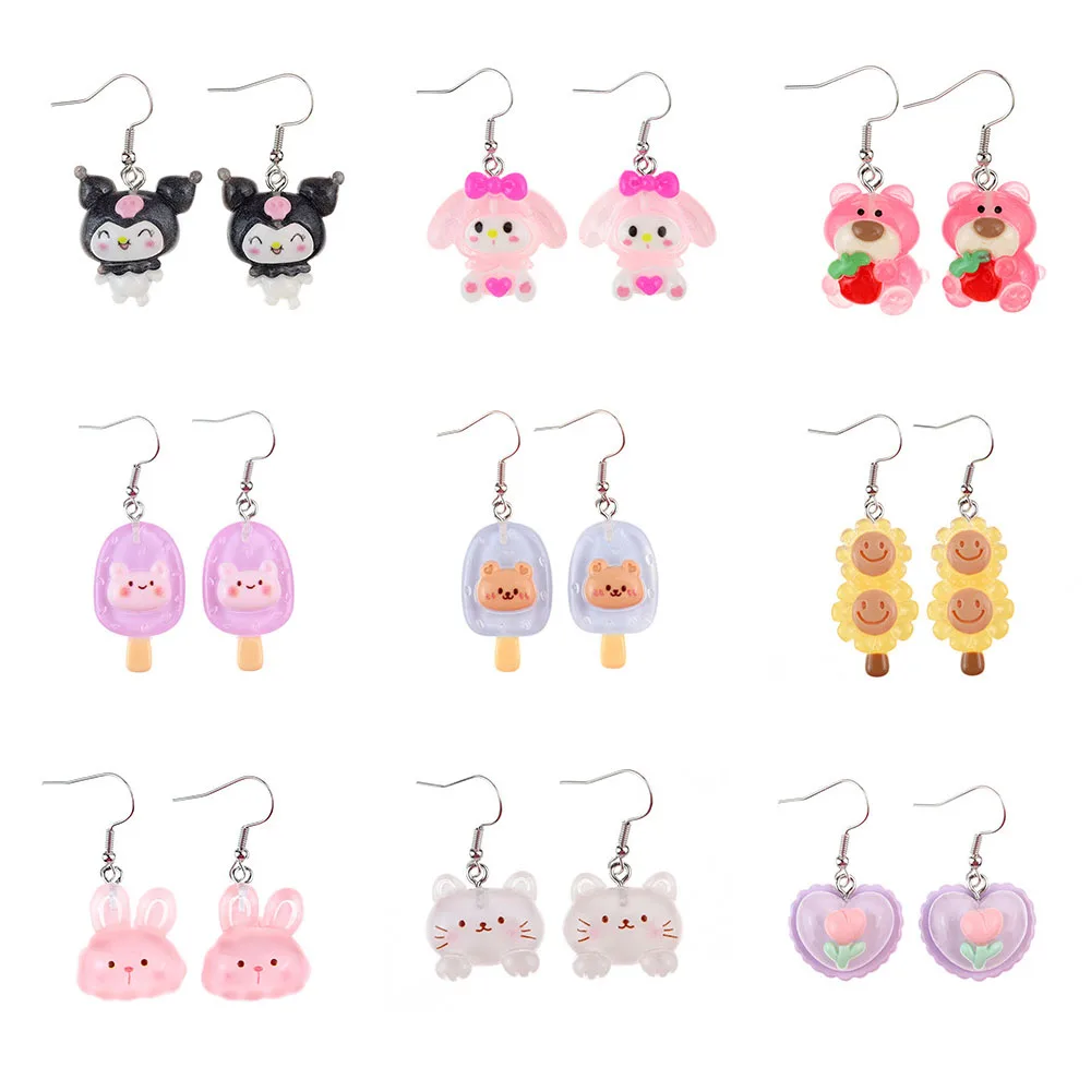 Ovxxons 1 Pair Fun Ice Through Cute Cartoon Rabbit Bear Earrings Personality Creative Children's Fun Ear Hook Earrings