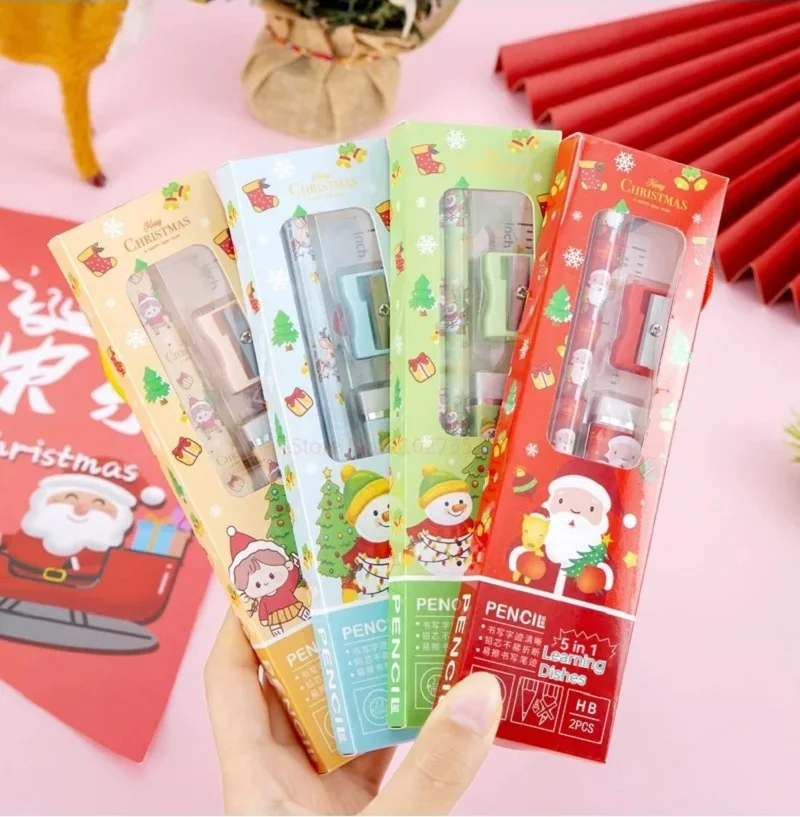 Regalo de Navidad para niños, lápiz de papelería, cinco juegos de aprendizaje de mano, caja de regalo, regalo de compañero de cumpleaños y Navidad para guardería