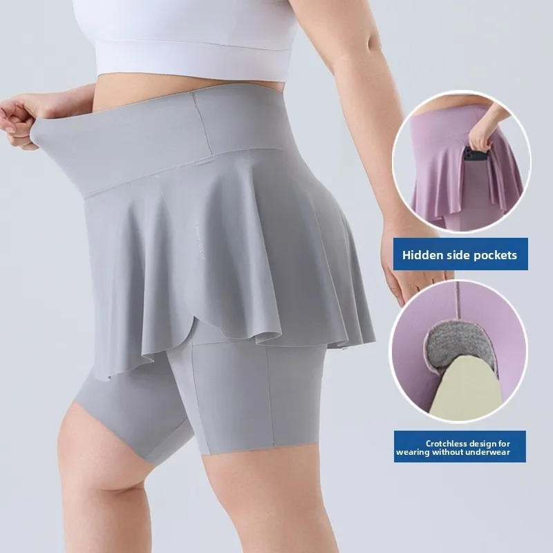 Gonna-pantalone sportiva a vita alta con apertura all'inguine, taglie forti, design con tasche, lunghezza capri, per fitness e attività all'aperto, elasticizzata, traspirante e morbida