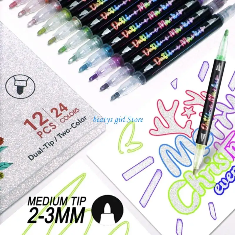 C7AB 12 Colors Outline Marker Pens Metallic Glitter Pens Double Line Outline Pens Set for Gifts Card, Drawing & Art Crafts