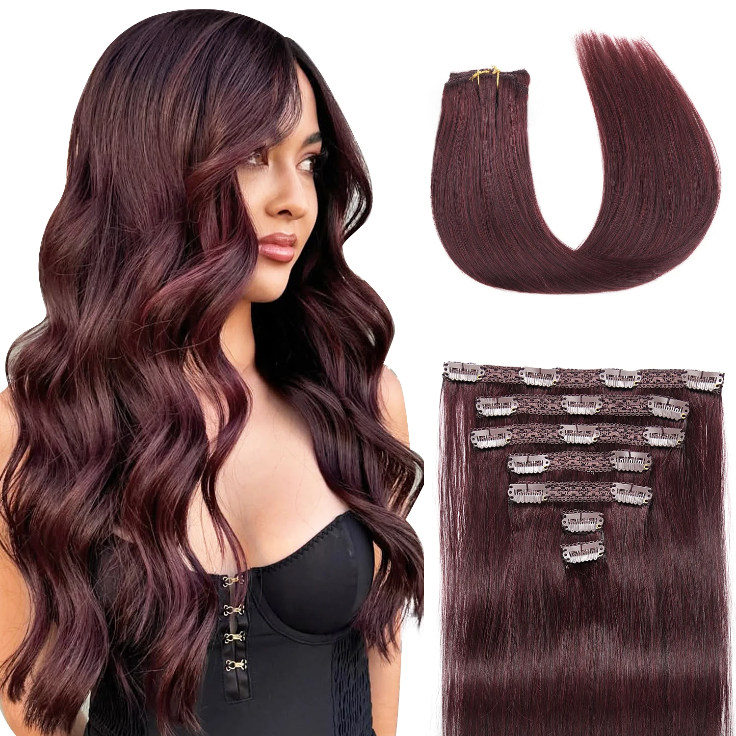 

Накладные пряди из натуральных человеческих волос, 7 шт., 12-18 дюймов, 70 г # Натуральные мягкие невидимые накладные пряди из человеческих волос Remy 99J Burgundy