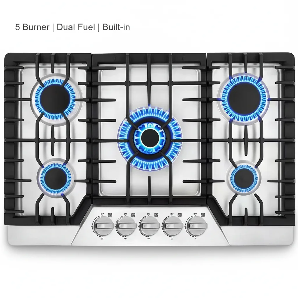 5 Burner Stainless Steel Gas Stove Dual Fuel Natural Gas LPG Built-in 3200-4000W Energy Saving Home Use