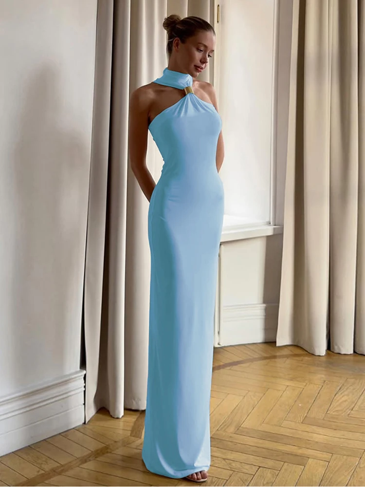 Sisterlinda Halter Maxi Dress High Street Classic Stand Collar Sleeveless Sheath Long Robe Female Trend Elegant Evening Vestidos