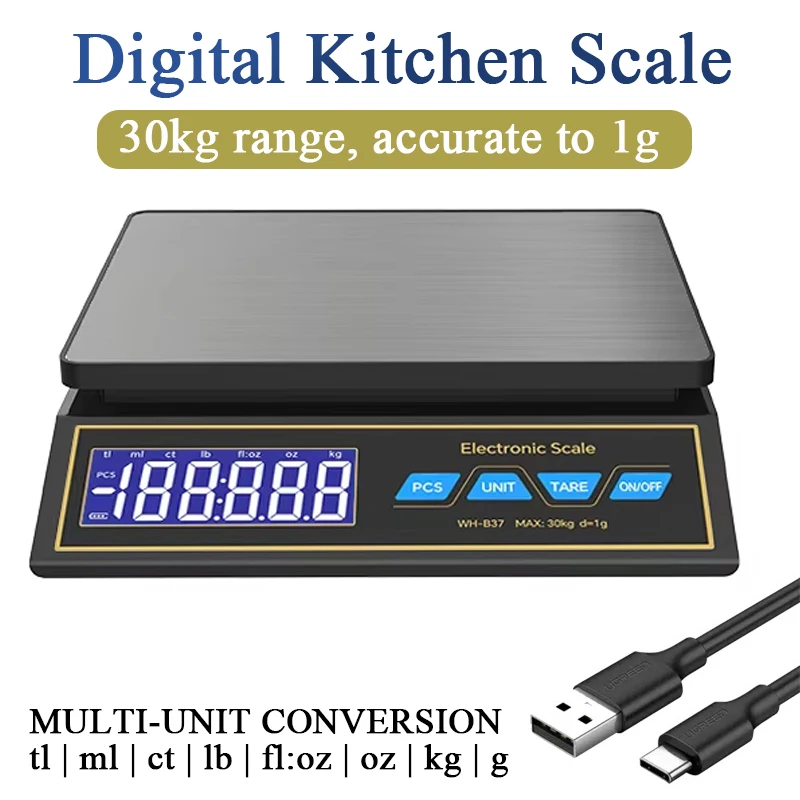 30kg/66lb Digital Kitchen Scale Stainless Steel USB Charging Electronic Scale with Counting Function Measuring Weighing Tool