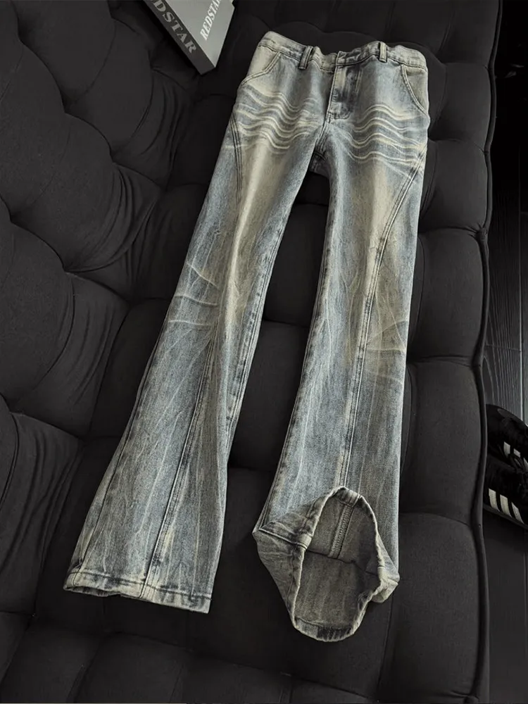 Black Lightning Pattern Bell Bottom Jeans Straight Leg American Slant Cut Knife Pants Unisex mid Waist Denim Jeans for Teens