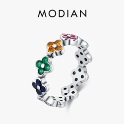 MODIAN 925 Sterling Silver Sweet Rainbow Color Zirconia Lucky Four Leaf Clover Fashion Finger Rings For Women Fine Jewelry
