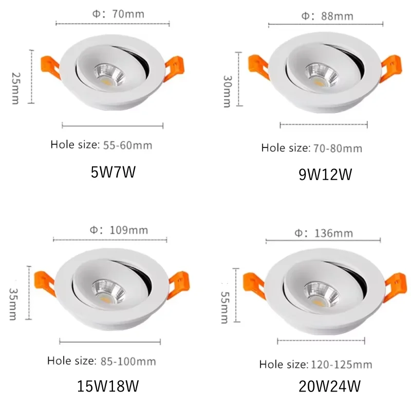 Spot Lumineux LED Encastrable pour le Plafond, Éclairage d'Nik, Lumière à Intensité Réglable à 360 °, Disponible en Noir et Blanc, 7/12/18/24W