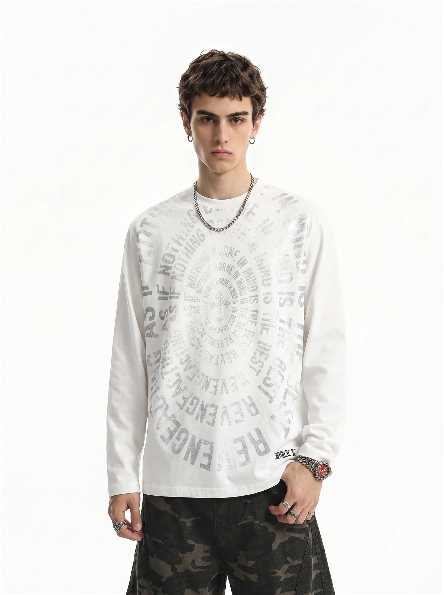 BETEBULE American Style Trendy Worn-in Letter Print Long Sleeve T-shirt Men's Loose Cool Top Youth Popular Casual Wear